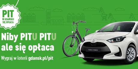 Powiększ grafikę: Na zielonym tle z prawej storny zdjęcie roweru i białego samochodu marki toyota a z lewej hasło PITR w Gdańsku się opłaca i przekierowanie na strone z informacjami